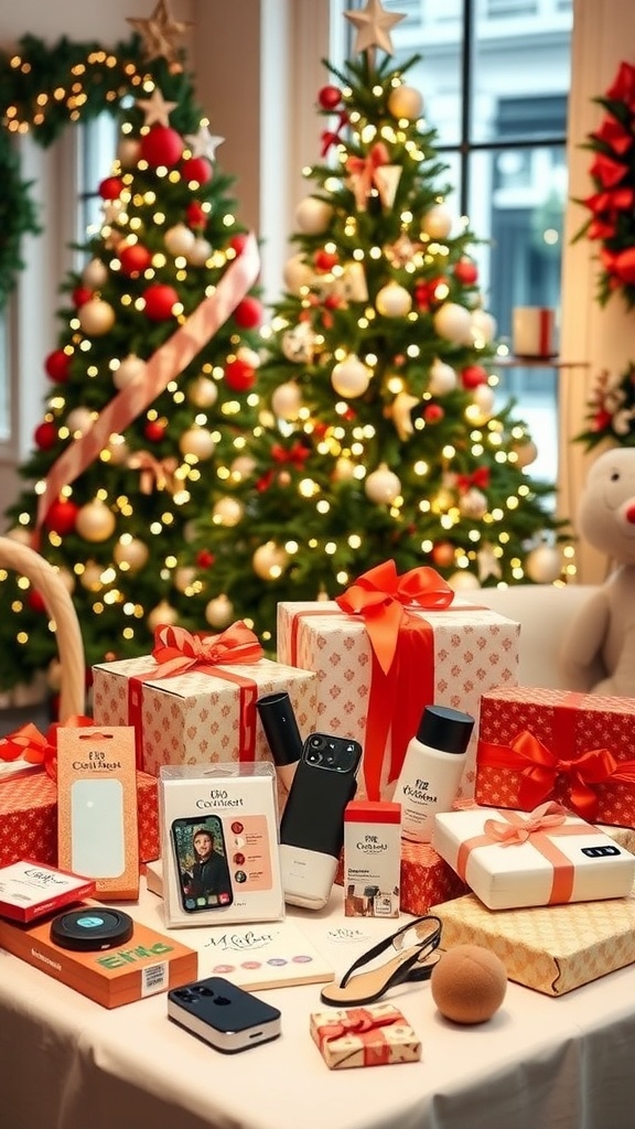 A festive Christmas wishlist with gifts, a Christmas tree, and holiday decorations.